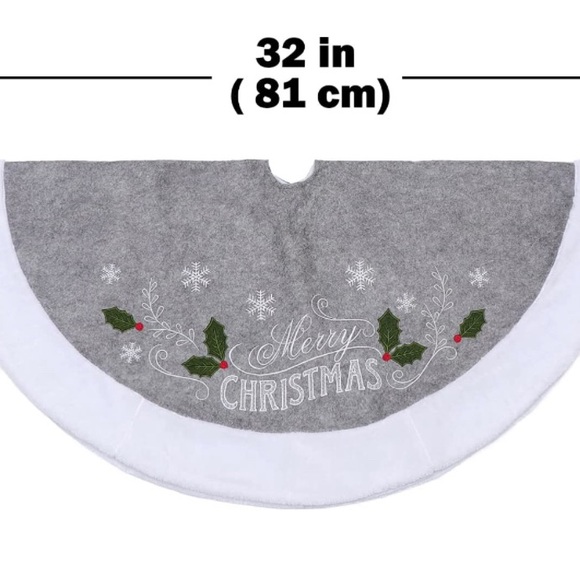 Embroidered Christmas Tree Skirt White Trim Snowflake and Leaves, Grey 32” NEW - Picture 5 of 6